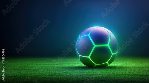 Futuristic football field glowing with neon blue and green gridlines, symbolizing esports, smart sports analytics, and next gen sports arenas, clean modern tech background, 3D render