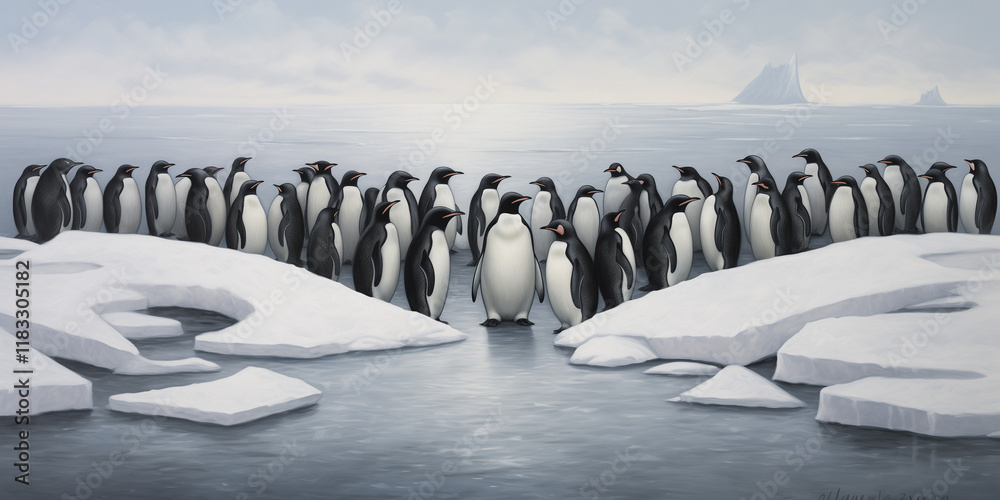 Obraz premium A group of penguins stands on a partially frozen, icy surface with a calm, gray sea and distant icebergs in the background.