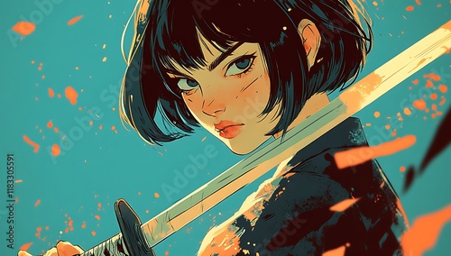 Close-up of an anime girl with short hair holding a sword, in a flat illustration style, against a turquoise background with simple lines,  photo