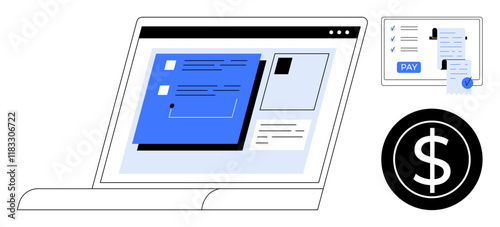 Laptop screen displaying digital forms, online payment receipt with Pay button, and dollar symbol. Ideal for e-commerce, fintech, online banking, digital finance, business transactions, accounting