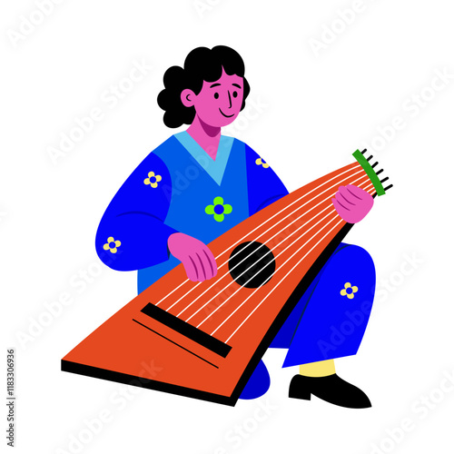 Flat character illustration of a zither player