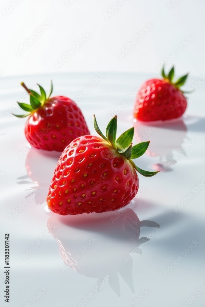Fresh strawberries floating on water surface with ripples on a white background , dessert, juicy Fresh strawberries floating on water surface with ripples on a white background , dessert, juicy