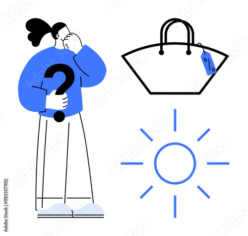 Woman contemplating purchase decision holding a question mark. Large handbag with price tag and sun symbol. Ideal for decision-making, dilemmas, shopping, choices, critical thinking, seasonal
