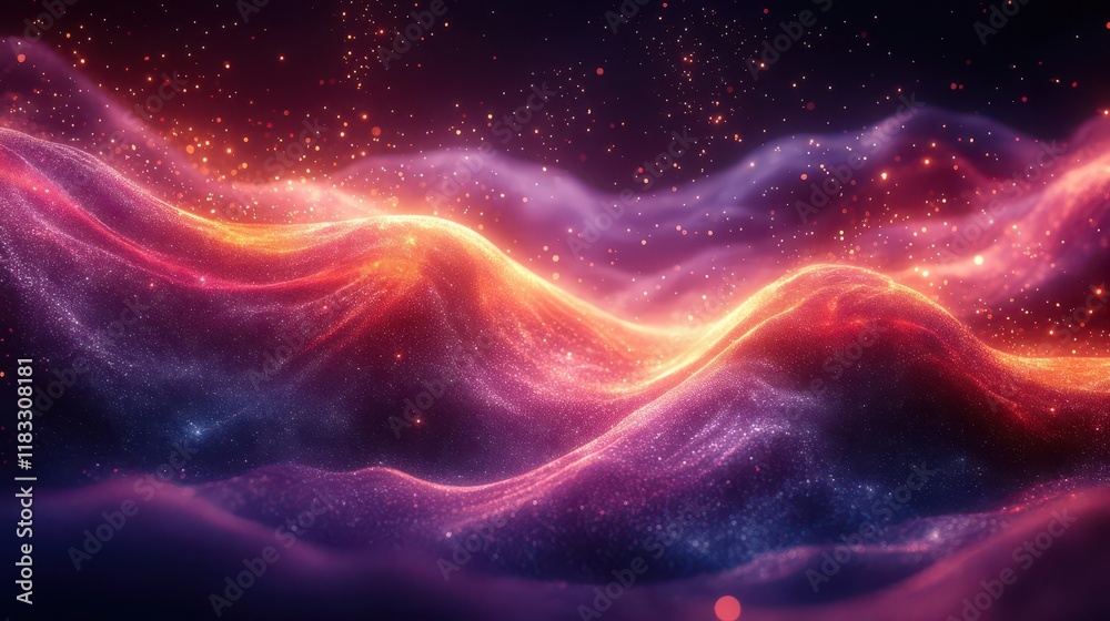 A cosmic landscape featuring vibrant waves of light and colors, creating an ethereal, dreamlike atmosphere filled with stars and swirling energies.