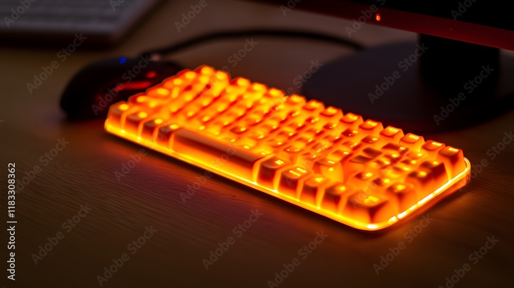 Naklejka premium Compact glowing computer setup on a sleek desk, isolated in a dark environment with ample copy space, sharp focus on the screen, emphasizing modern technology, innovation, and productivity concepts