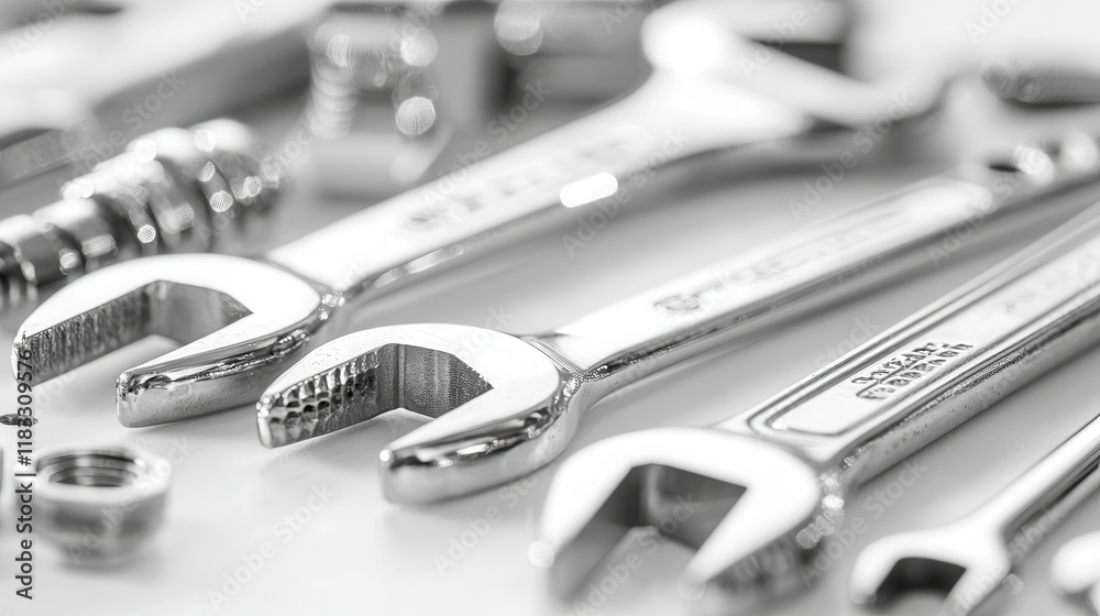 Neatly arranged automotive repair tools including wrenches and nuts, showcasing precision and craftsmanship Neatly arranged automotive repair tools including wrenches and nuts, showcasing precision and craftsmanship