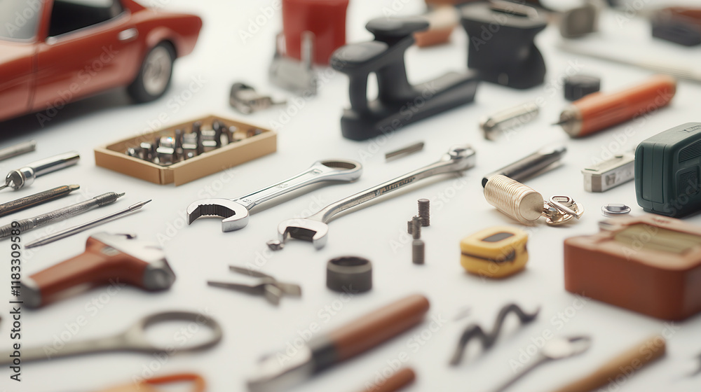 Fototapeta premium neatly arranged set of automotive repair tools, including wrenches, screwdrivers, and various accessories, showcases precision and organization