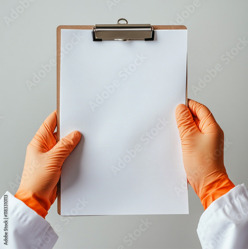 photo of a clipboard with a blank sheet of white paper being held by a person wearing an orange sleeved lab coat. On a gray background. photo