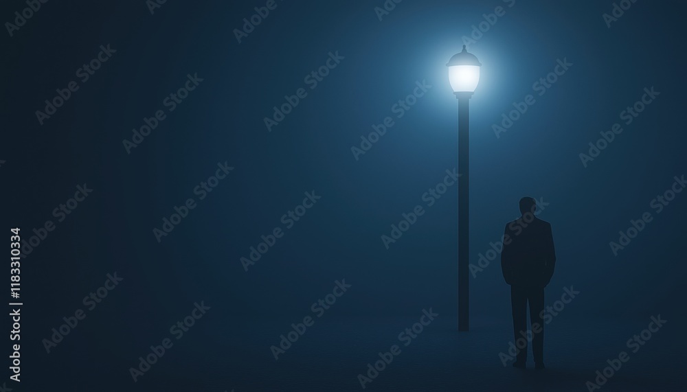 Obraz premium A solitary figure stands under a glowing streetlamp in a foggy, dark setting, creating a mysterious and atmospheric scene.