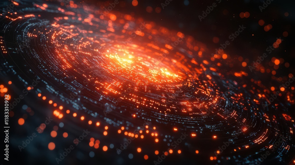 Fototapeta premium A vibrant cosmic scene featuring swirling galaxies and glowing orange lights amidst a dark backdrop, evoking the mysteries of the universe.