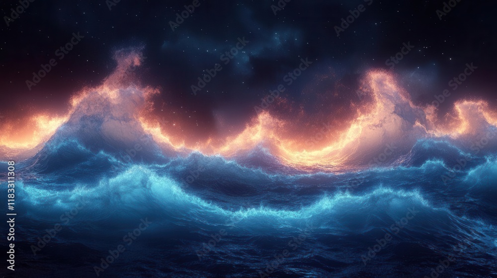 Fototapeta premium A mesmerizing ocean scene featuring glowing waves illuminated in vibrant colors against a dark, moody background.