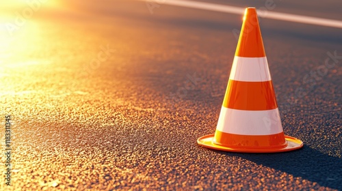 A bright orange traffic cone sits on a sunlit road, signaling caution and marking a specific area for safety.