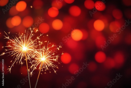 Two bright sparklers glowing against a vivid red blurred background with bokeh lights, creating a warm and festive celebration concept. Ai generative photo