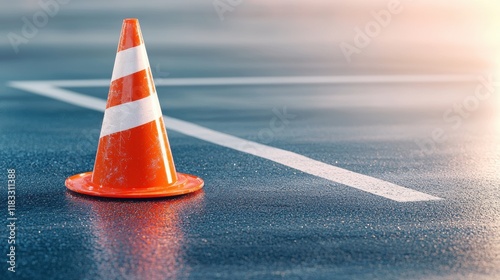A solitary orange traffic cone stands on a wet surface, highlighting a parking space with white lines in a softly lit environment.