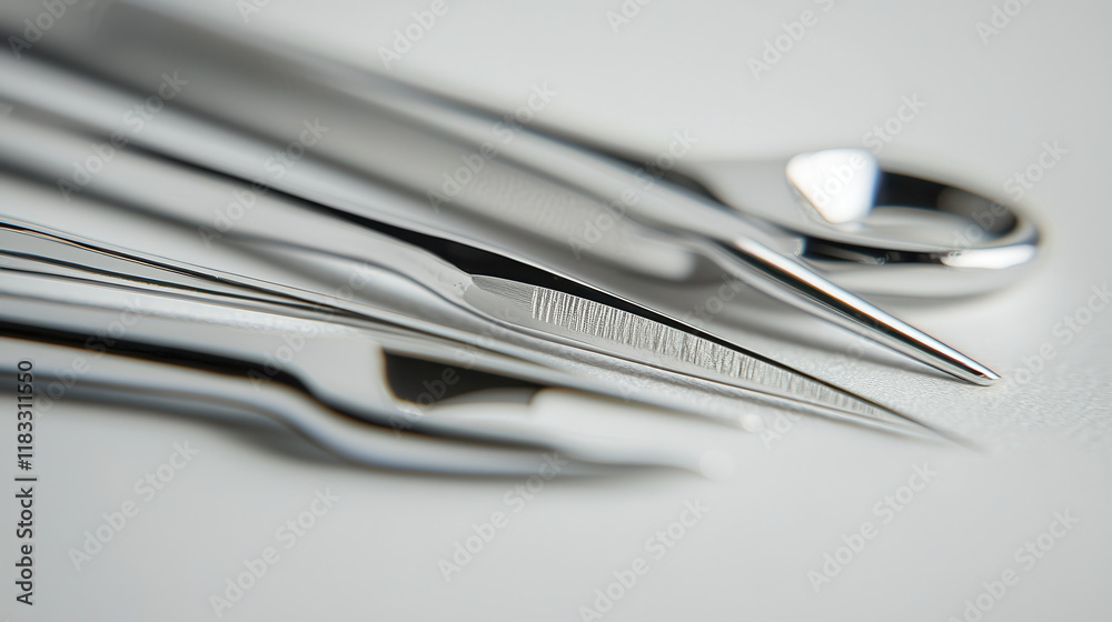 Close up of sleek surgical instruments including scalpel and forceps, showcasing precision and craftsmanship Close up of sleek surgical instruments including scalpel and forceps, showcasing precision and craftsmanship