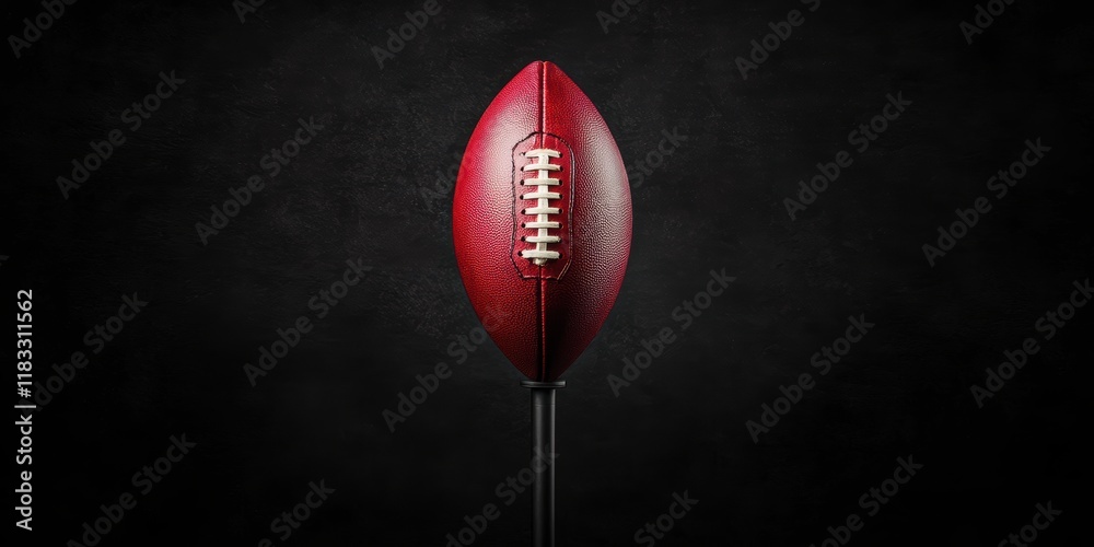 A close-up of a red American football on a black background, showcasing its laces and texture. A close-up of a red American football on a black background, showcasing its laces and texture.