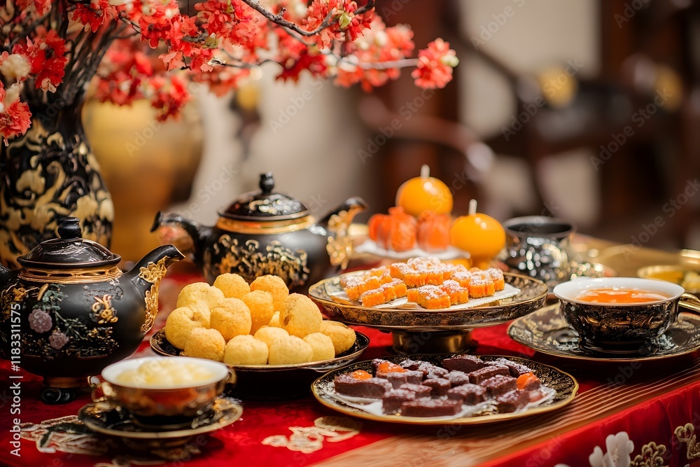 Naklejka premium Traditional Chinese New Year Tea Ceremony with Ornate Teapots and Symbolic Treats