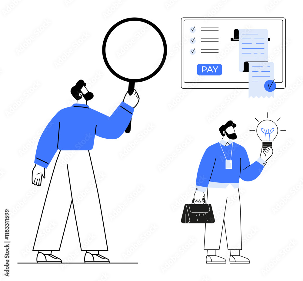 Individuals examining financial documents, brainstorming ideas with a lightbulb, and processing payments on a screen. Ideal for business planning, finance management, teamwork, productivity
