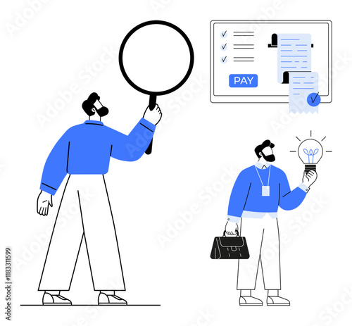 Individuals examining financial documents, brainstorming ideas with a lightbulb, and processing payments on a screen. Ideal for business planning, finance management, teamwork, productivity