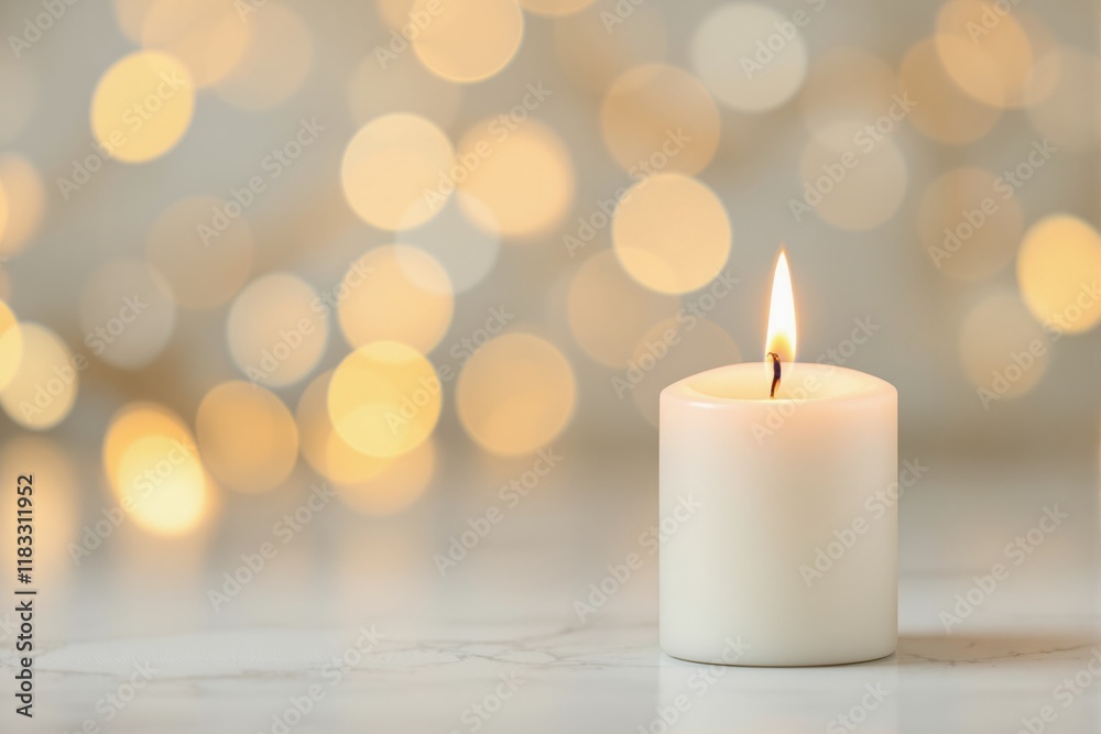 White candle on a marble surface with a golden blurred bokeh background, creating a warm and serene ambiance. Concept of relaxation and peace. Ai generative White candle on a marble surface with a golden blurred bokeh background, creating a warm and serene ambiance. Concept of relaxation and peace. Ai generative