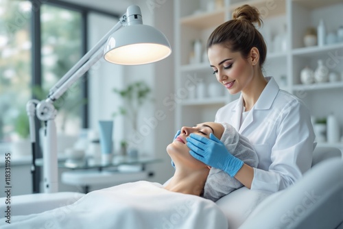 A professional aesthetician wearing gloves performing a facial treatment on a client in a spa clinic. Bright interior, white background, beauty care concept. Ai generative photo