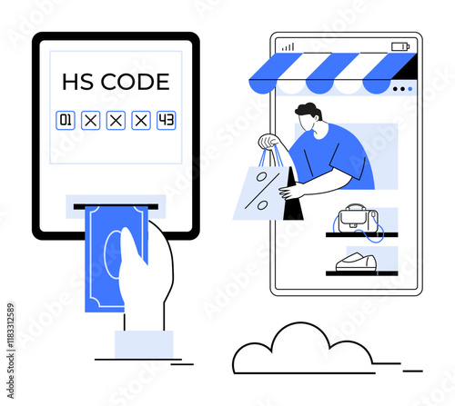 Hand inserts cash into payment terminal, entering HS code. Screen shows man distributing shopping bags. Ideal for online shopping, cybersecurity, importexport, digital transactions, logistics, retail