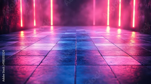 Wallpaper Mural A vibrant, illuminated space featuring glowing neon lights and a reflective tiled floor, creating a dynamic atmosphere. Torontodigital.ca