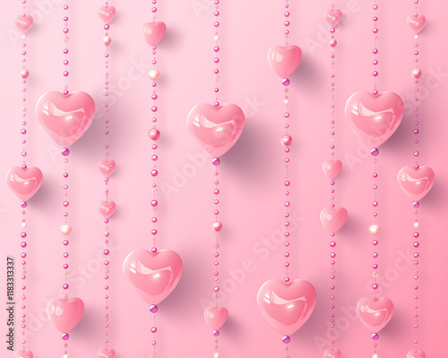 Seamless Valentine’s Day Hearts and Beads Hanging from Strings on Pink Background, Vector Illustration