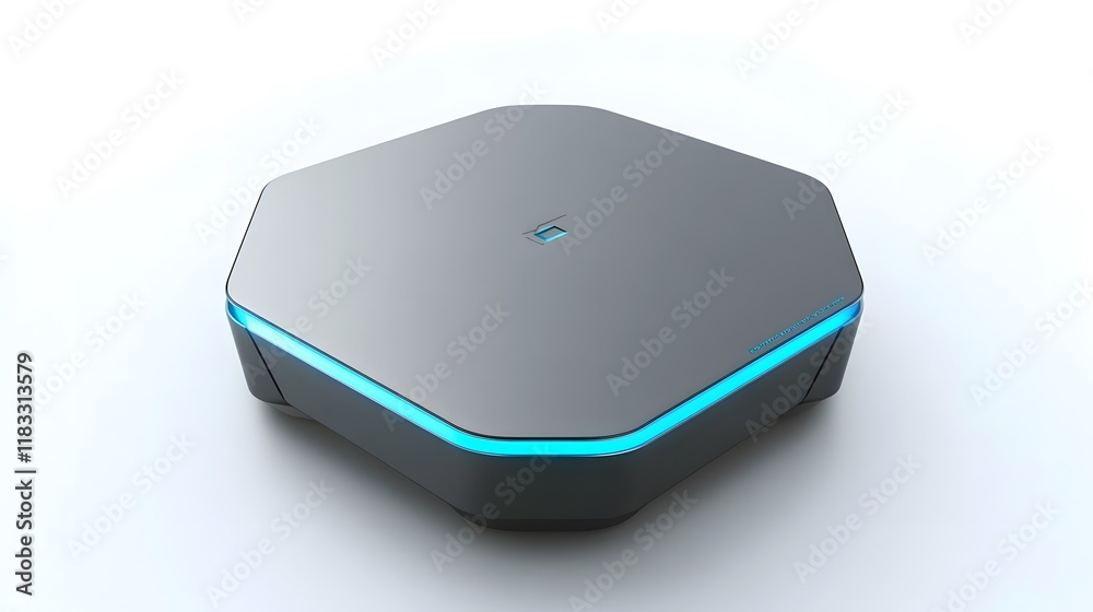  Compact minimalistic computer with glowing blue light, highlighted in sharp focus against a blurred background, showcasing modern technology, sleek design, and innovation concepts
