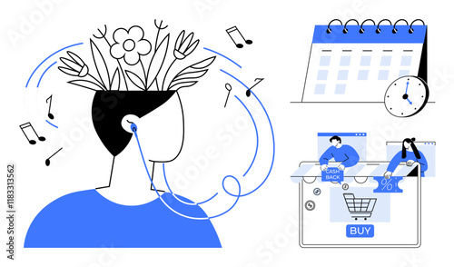 Person with flowers growing from head wearing earbuds, music notes surrounding. Calendar, clock, online shopping. Ideal for wellness, productivity, time management, e-commerce work-life balance