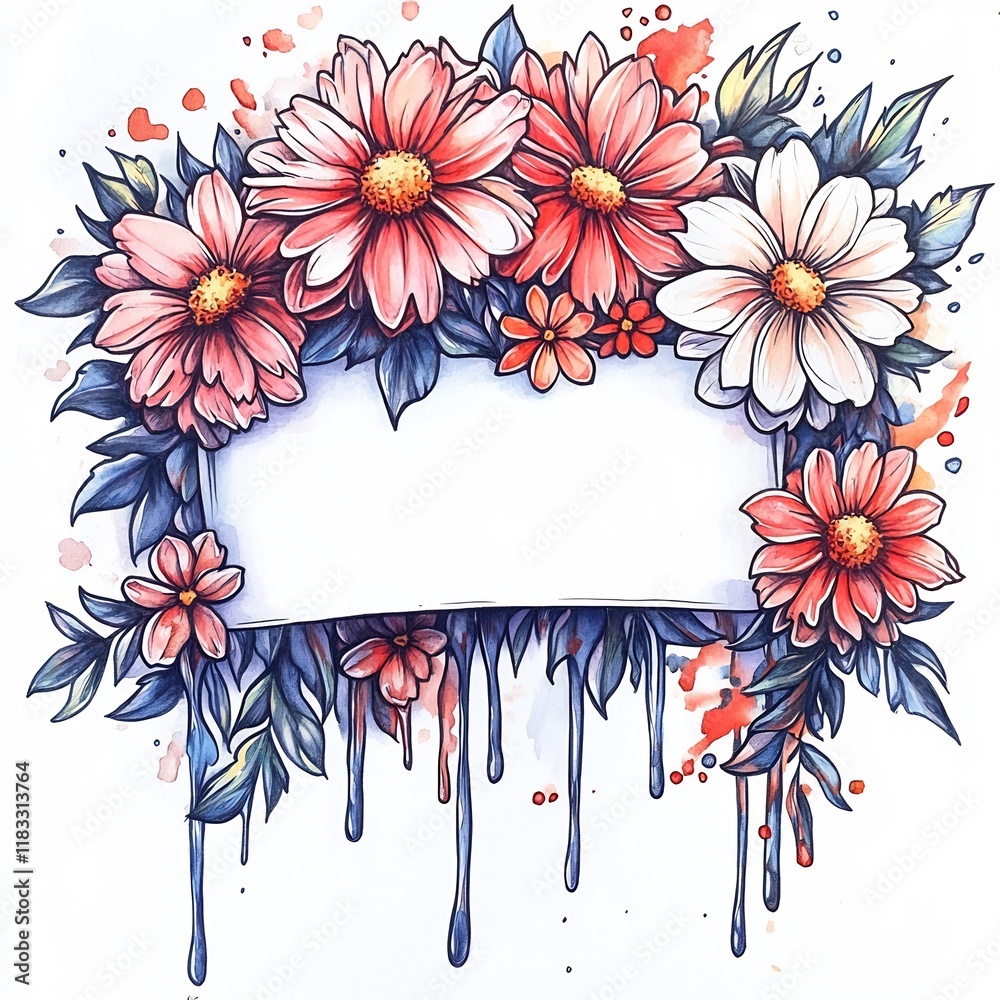 Obraz premium Vibrant Hand-Drawn Floral Illustration: Intricate Design with Blank Banner. AI Generated