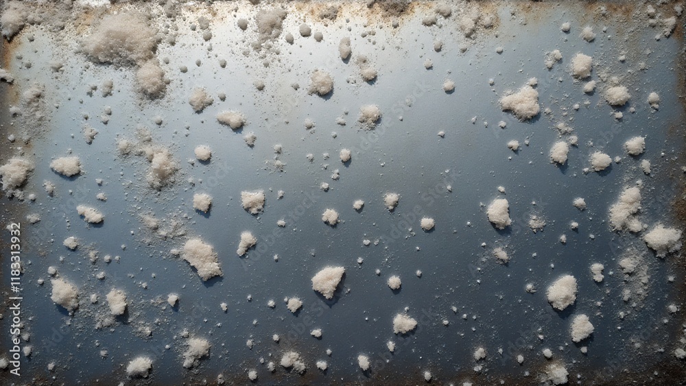 Metal surface with a rough texture due to embedded salt crystals, creating an uneven, gritty appearance with slight corrosion marks. Metal surface with a rough texture due to embedded salt crystals, creating an uneven, gritty appearance with slight corrosion marks.