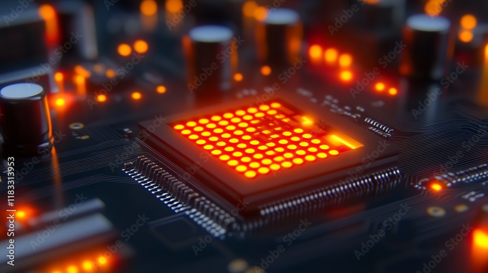 Glowing Microchip Close-Up: Intricate 3D Render of Futuristic Circuit Board Technology. AI Generated Glowing Microchip Close-Up: Intricate 3D Render of Futuristic Circuit Board Technology. AI Generated