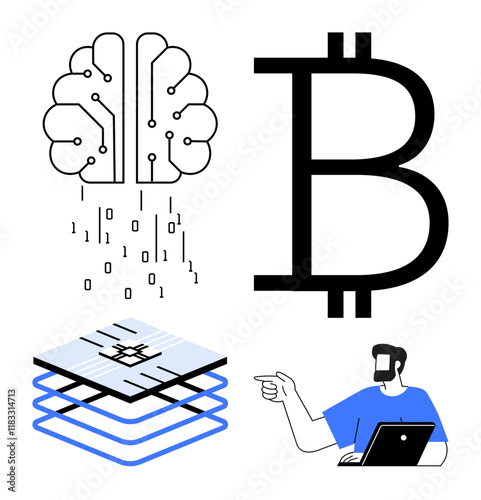 Brain with binary code, Bitcoin symbol, layered blockchain, person pointing and holding laptop. Ideal for blockchain technology, cryptocurrency, AI, data analysis, fintech digital innovation tech