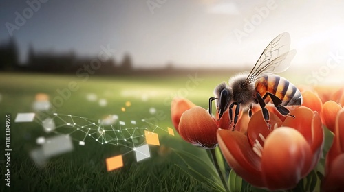 Animal Environmental ScienceTechnology concept. A close-up of a bee pollinating vibrant orange flowers in a sunlit field, showcasing nature's beauty and the importance of bees in ecosystems.