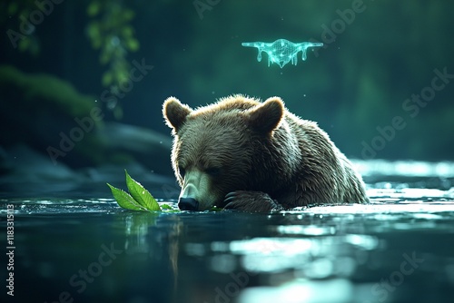 Animal Environmental ScienceTechnology concept. A bear quietly forages in a serene, misty forest setting, partially submerged in water, creating a tranquil atmosphere. photo