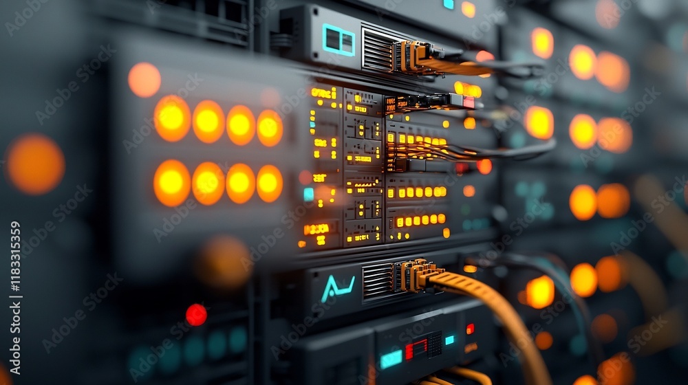 Naklejka premium Offshore IT specialists troubleshooting offshore communications network issues expert technicians examining server racks and networking equipment problem solving complex connectivity problems