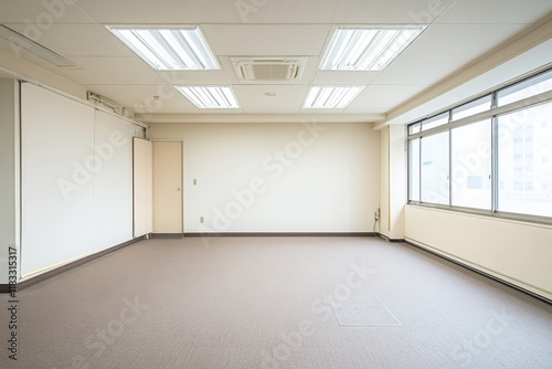Empty office room, city view, ready for tenant, modern interior
