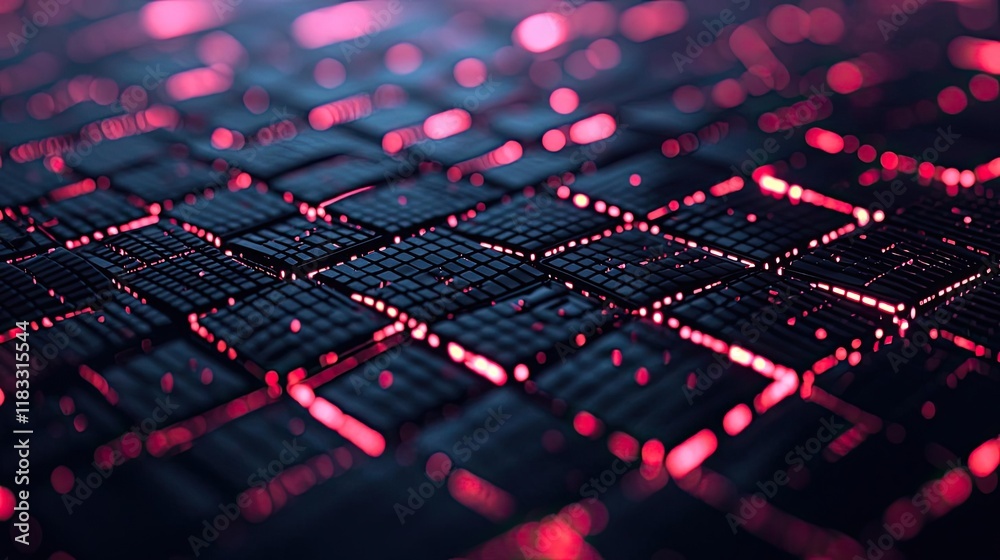 Obraz premium Matrix abstract background idea. Abstract digital texture showcasing vibrant circuits with red glowing elements.