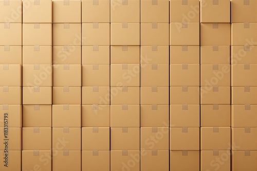 A wall of neatly stacked cardboard boxes, arranged symmetrically against a neutral background, illustrating storage, shipping, or logistics concepts. Ai generative photo