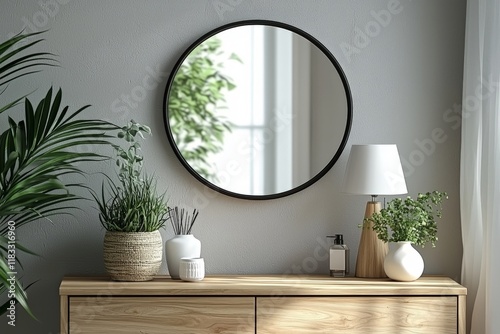 a scandinavian bedroom corner with a light wooden sideboard and a round mirror