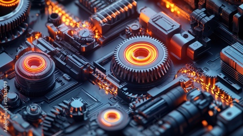 Mechanical engineering concept, gears and tools in 3D isometric projection vector illustration, cogwheels and cogs system technology and technics work in progress.