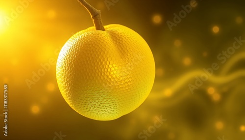 Mystical Golden Plum Illustration: A radiant, glowing plum hangs from a branch, bathed in a golden light, creating a surreal, whimsical, and spiritual atmosphere.  This digital art piece evokes feelin photo