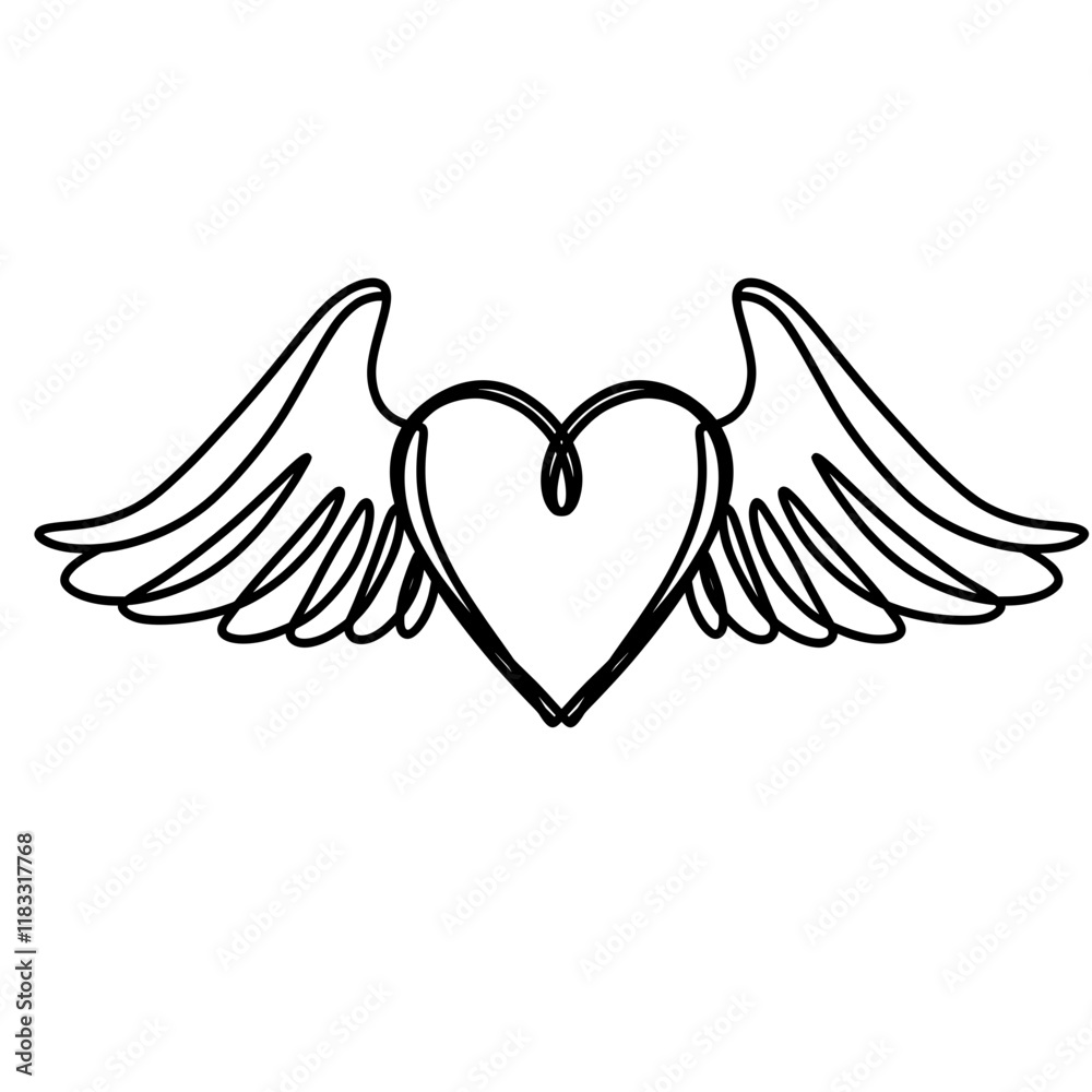 Fototapeta premium Heart with wings one line art drawing