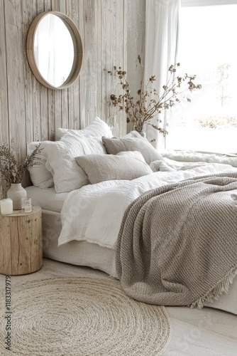 a scandinavian bedroom with a white bed and a wooden accent wall