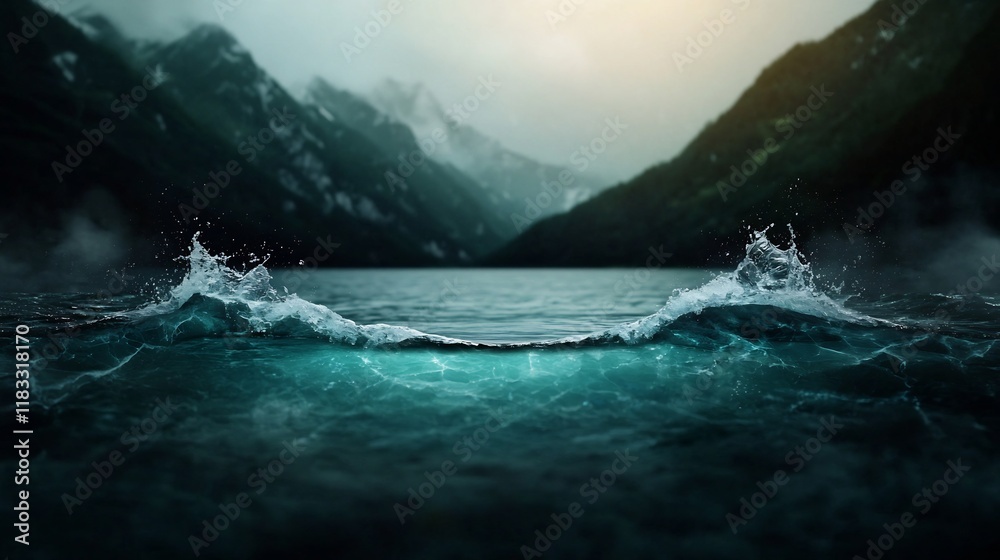 Obraz premium Breathtaking landscape of a misty moody mountain lake with crashing tumultuous waves and dramatic cinematic lighting Serene yet captivating natural scenery evoking a sense of adventure and