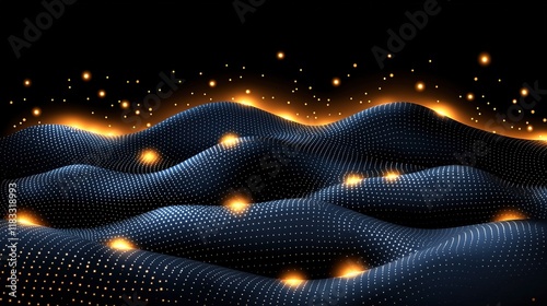 Abstract Dark Blue Wavy Landscape With Golden Lights photo