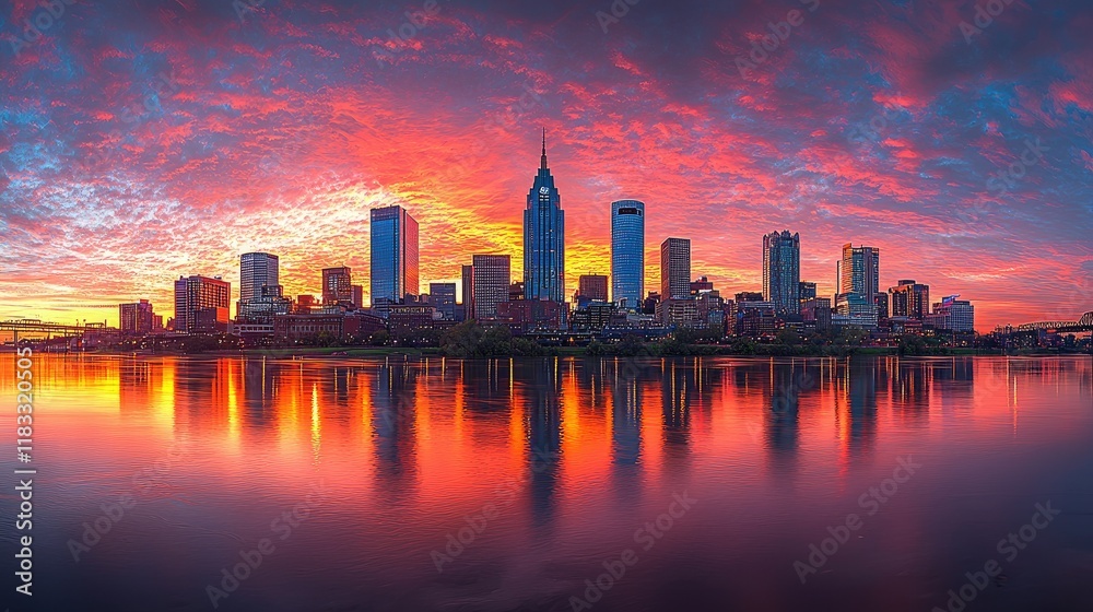 Fototapeta premium Vibrant Sunset over Nashville Skyline Reflecting in Calm Water