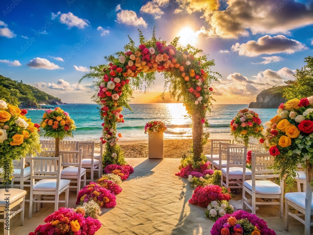 Fototapeta premium Panoramic Beach Wedding Ceremony: Floral Altar & Ocean View