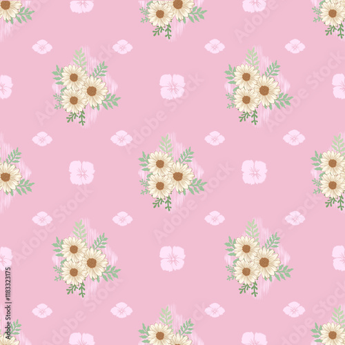 flower seamless pattern on pink tone , Motif ethnic  floral textil,  embroidery, print striped ornament floral, pattern, design for wrapping, silk, scarf, background,textile.